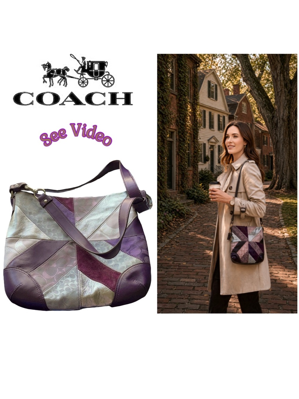 🐴 Coach Vtg F17706 Gallery Signature Patchwork Purple Leather Suede Shoulder Bag